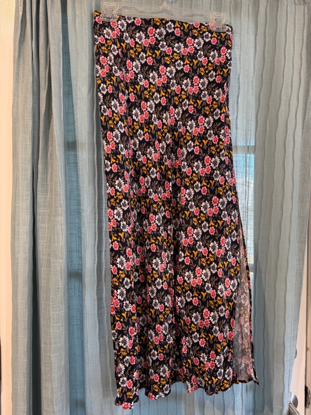 LOFT Black Midi Skirt with Pink & Yellow Floral Print